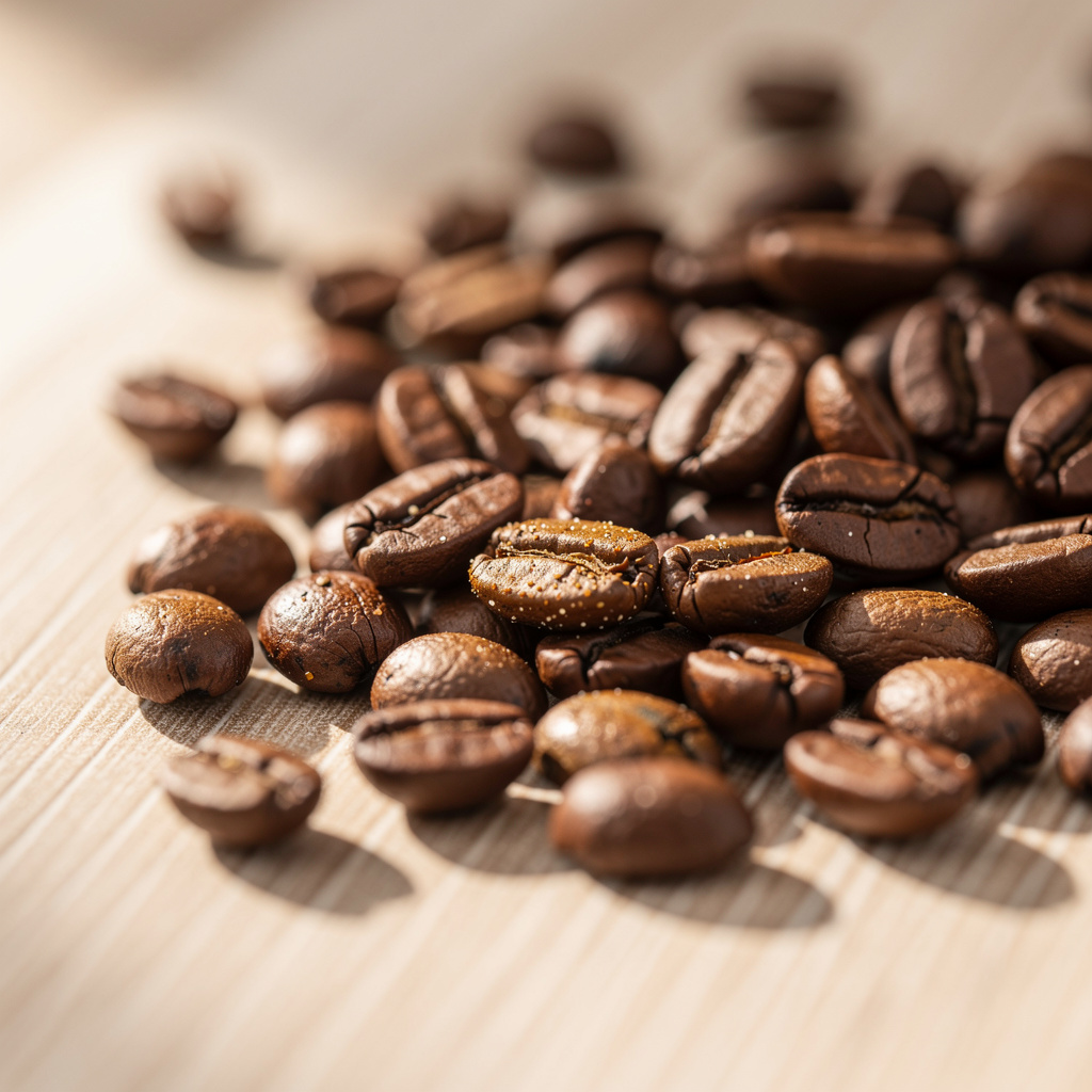 Close up of high quality roasted coffee beans on a wooden table