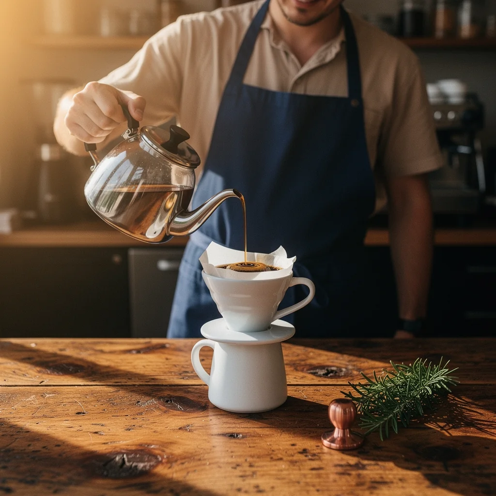 Barista pouring hot water over coffee grounds in a ceramic dripper