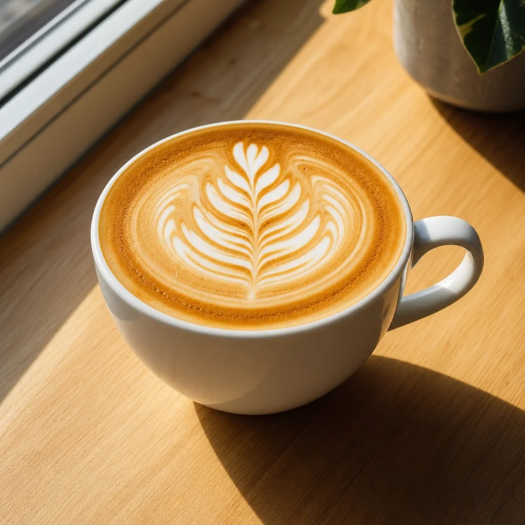 Freshly brewed latte in a ceramic cup on a wooden counter
