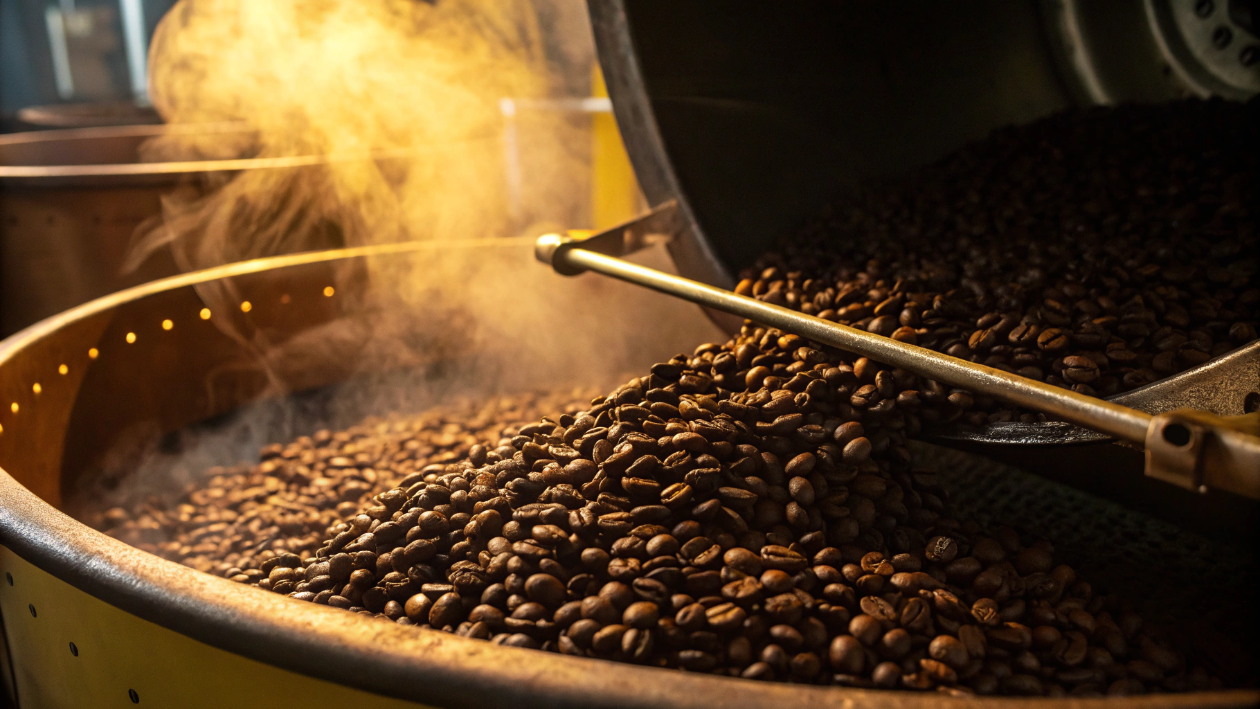 Freshly roasted coffee beans being sorted by hand in a warm, sunlit workspace