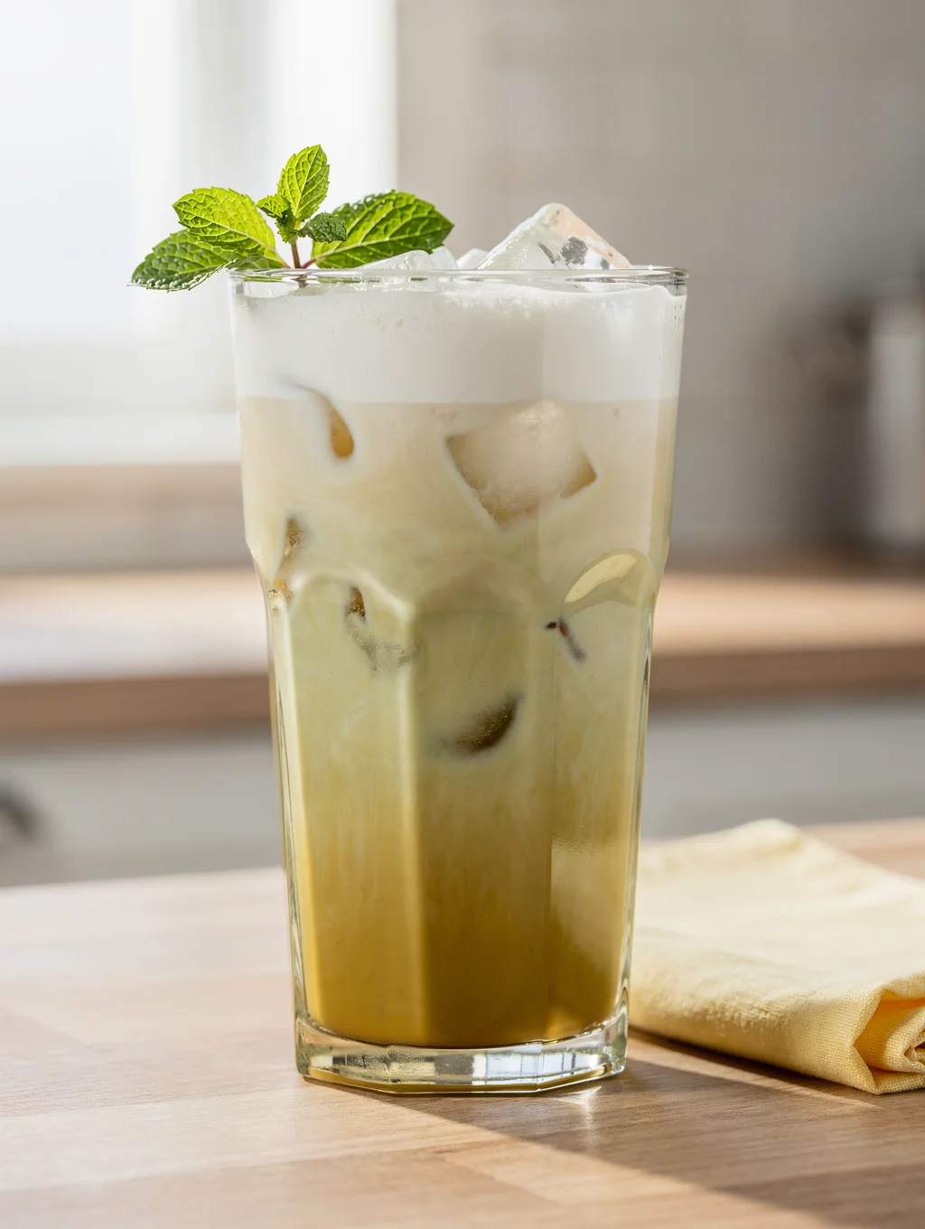 Vibrant green iced matcha latte