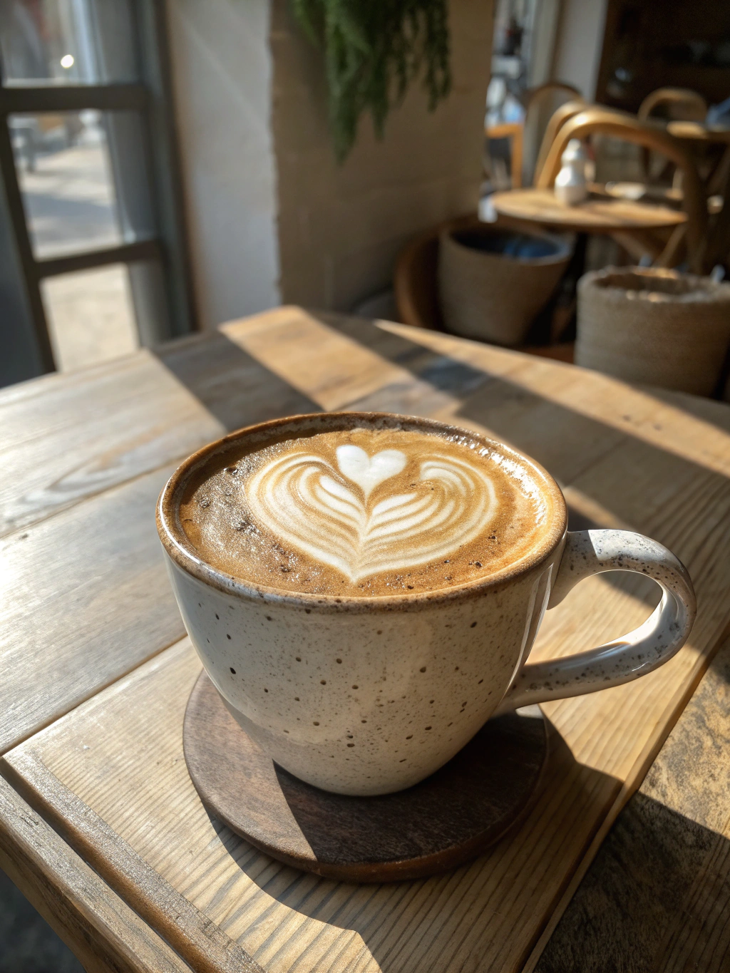 Latte art in a ceramic mug on a wooden table